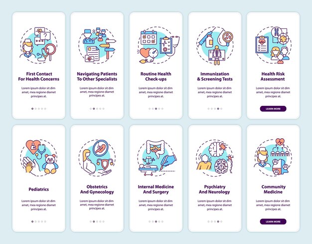 Pantalla de la página de la aplicación móvil de incorporación del médico de familia con conjunto de conceptos