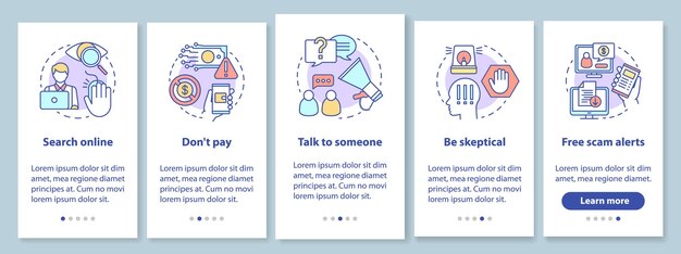 Pantalla de la página de la aplicación móvil de incorporación de prevención de estafas con conceptos lineales. Busque en línea. Instrucciones gráficas de cinco pasos de tutorial. Alertas de estafas gratuitas. UX, UI, plantilla de vector de GUI con ilustraciones