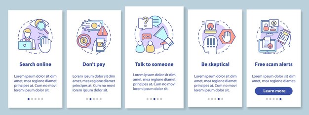 Pantalla de la página de la aplicación móvil de incorporación de prevención de estafas con conceptos lineales. busque en línea. instrucciones gráficas de cinco pasos de tutorial. alertas de estafas gratuitas. ux, ui, plantilla de vector de gui con ilustraciones