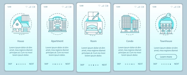 Pantalla de la página de la aplicación móvil de incorporación de propiedades con conceptos lineales. Casa, apartamento, habitación, condominio, casa adosada paso a paso azul instrucciones gráficas. UX, UI, plantilla vectorial GUI con ilustraciones