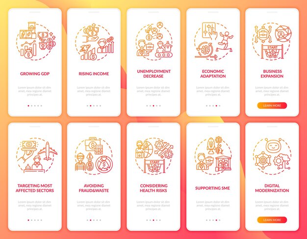 Pantalla de la página de la aplicación móvil de incorporación de recuperación económica con conceptos establecidos. Tutorial de modernización digital 5 pasos. Plantilla de interfaz de usuario con ilustraciones en color RGB