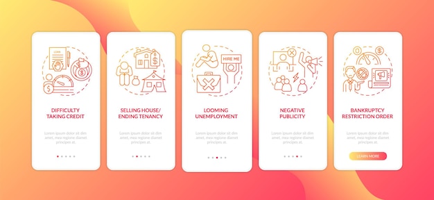 Pantalla de página de aplicación móvil de incorporación roja de impacto negativo de quiebra con conceptos