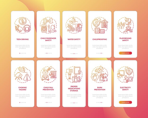Pantalla de página de aplicación móvil de incorporación roja de seguridad infantil con conjunto de conceptos