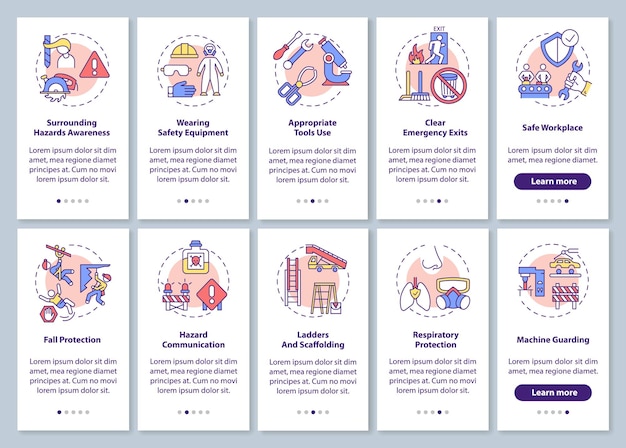 Pantalla de la página de la aplicación móvil de incorporación de seguridad en el lugar de trabajo con conceptos