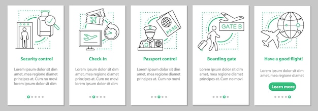 Pantalla de la página de la aplicación móvil de incorporación del servicio de aeropuerto con conceptos lineales. Instrucciones gráficas de los pasos de embarque del avión. UX, UI, plantilla de vector de GUI con ilustraciones