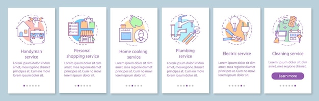 Pantalla de página de la aplicación móvil de incorporación de servicios para el hogar con conceptos lineales. manitas, servicios de limpieza. instrucciones gráficas de seis pasos de tutorial. ux, ui, plantilla de vector de gui con ilustraciones