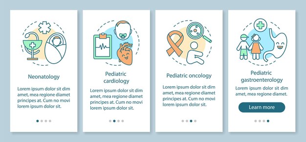 Pantalla de la página de la aplicación móvil de incorporación de servicios pediátricos con conceptos lineales. Instrucciones gráficas de los pasos del tutorial de neonatología, cardiología, gastroenterología. UX, UI, plantilla de vector de GUI con iconos