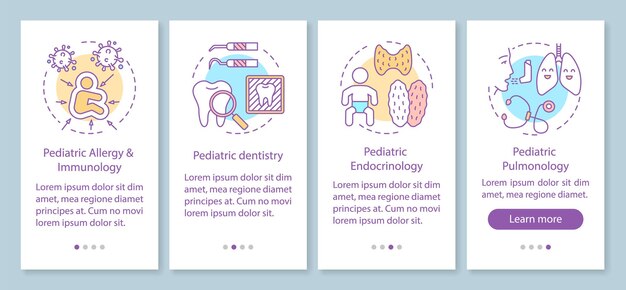 Pantalla de página de la aplicación móvil de incorporación de servicios pediátricos con conceptos lineales. Instrucciones gráficas de los pasos del tutorial de odontología, endocrinología, neumología. UX, UI, plantilla de vector de GUI con ilustraciones