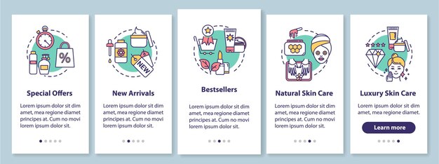 Pantalla de la página de la aplicación móvil de incorporación de Skicare con conceptos. Bestsellers y ofertas especiales. Tutorial de productos cosméticos Instrucciones gráficas de 5 pasos. Plantilla de vector de interfaz de usuario con ilustraciones en color RGB