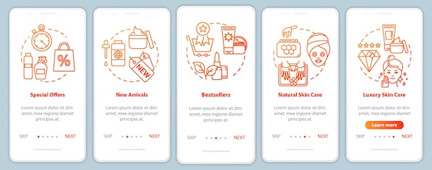 Pantalla de la página de la aplicación móvil de incorporación de Skicare con conceptos. Bestsellers y ofertas especiales. Tutorial de productos cosméticos Instrucciones gráficas de 5 pasos. Plantilla de vector de interfaz de usuario con ilustraciones en color RGB