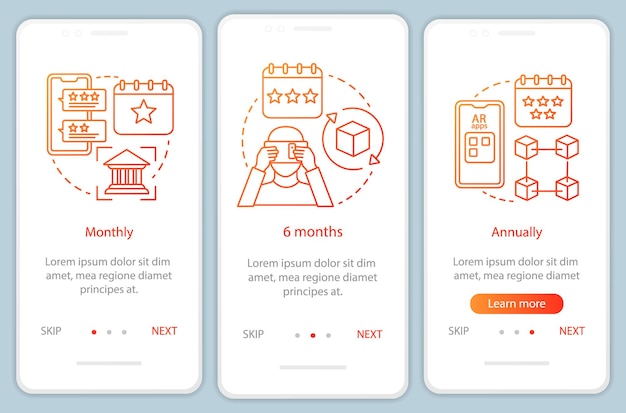 Vector pantalla de página de aplicación móvil de incorporación de suscripción de herramienta ar con conceptos lineales