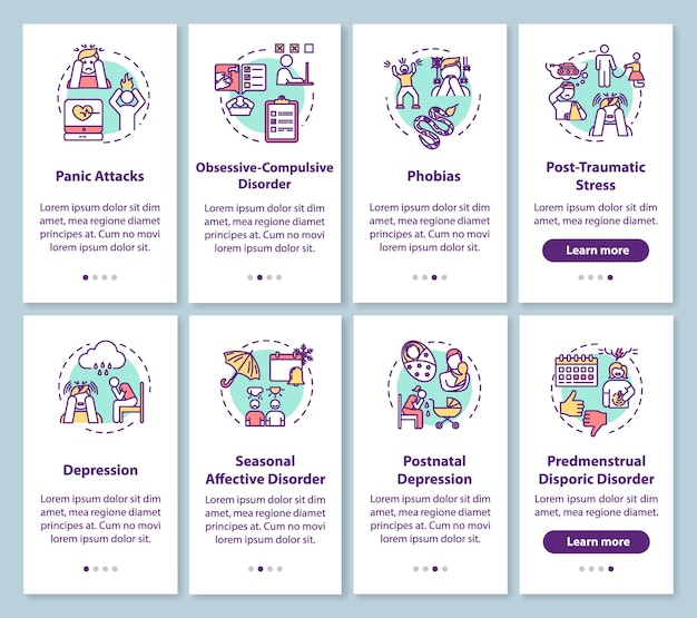 Pantalla de la página de la aplicación móvil de incorporación de trastornos mentales con conceptos. Instrucciones gráficas de pasos de tutorial de enfermedades psicológicas. Estrés post traumático. Plantilla de vector de interfaz de usuario con ilustraciones en color RGB