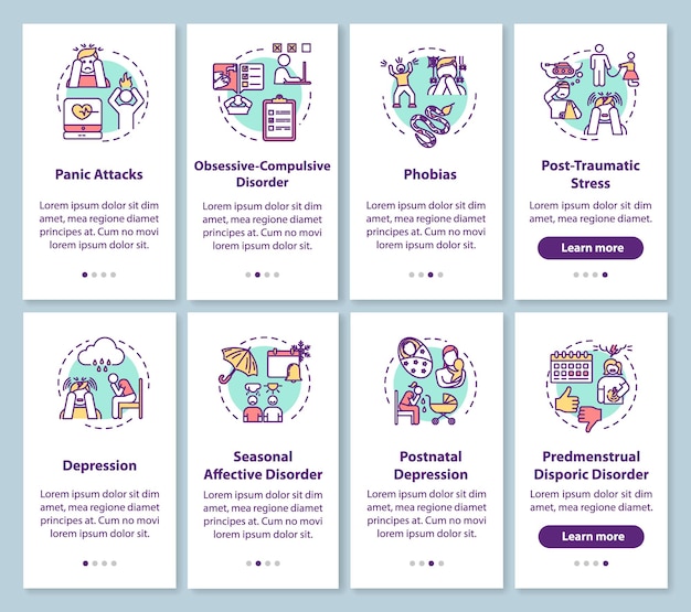 Pantalla de la página de la aplicación móvil de incorporación de trastornos mentales con conceptos. instrucciones gráficas de pasos de tutorial de enfermedades psicológicas. estrés post traumático. plantilla de vector de interfaz de usuario con ilustraciones en color rgb