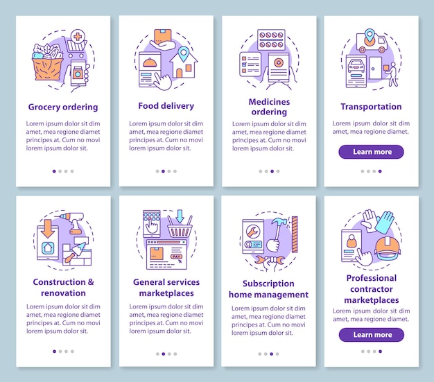 Pantalla de la página de la aplicación móvil onboarding de economía bajo demanda con conceptos lineales establecidos. Instrucciones gráficas de pasos de tutorial de la industria de servicios comerciales. UX, UI, plantilla de vector de GUI con ilustraciones