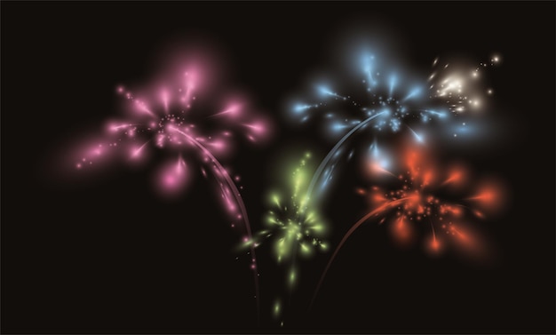 Pantalla de pirotecnia colorida con destellos rosados verdes azules rojos y blancos sobre un fondo oscuro