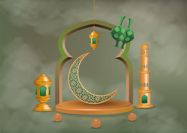 Pantalla de podio 3d para la venta de ramadán con puerta de mezquita y luna creciente en el fondo de las nubes