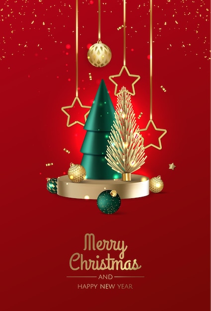 Pantalla de podio de círculo 3D con árbol de Navidad Fondo de vacaciones de invierno