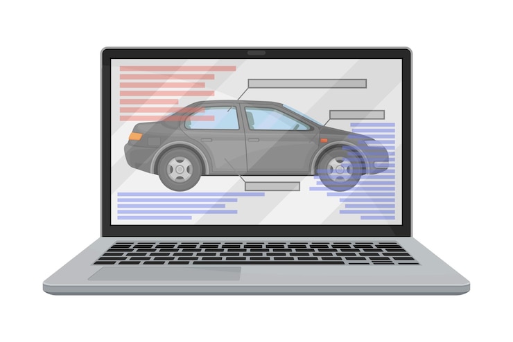 Vector pantalla de portátil con borrador de diseño de automóvil como ilustración vectorial del proceso de producción de automóviles