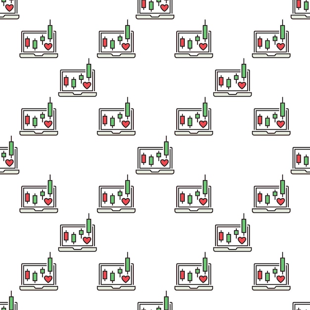 Pantalla de portátil con corazón rojo con un candelabro Gráfico vectorial Pasión por el comercio patrón sin costuras de color