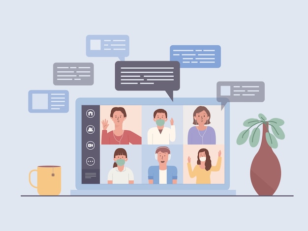 La pantalla del portátil muestra una videoconferencia de un equipo empresarial. reunión de personas en línea a través de internet. ilustración sobre el nuevo comportamiento normal y nuevo del trabajo en casa.