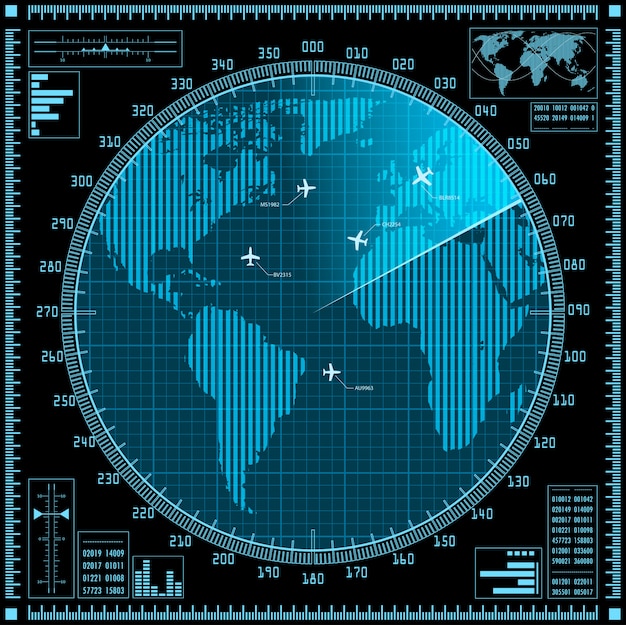 Pantalla de radar azul con planos y mapamundi.