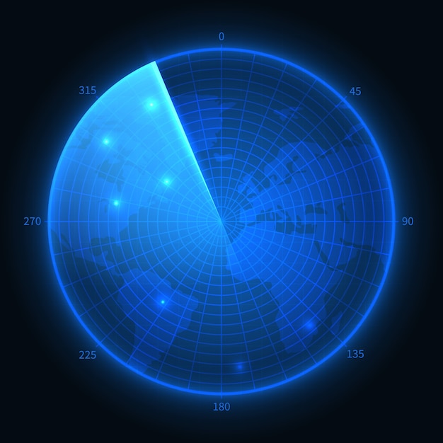 Pantalla de radar. Sonar azul militar. Mapa del vector de la interfaz de navegación. Ilustración del monitor de navegación, equipo digital militar.