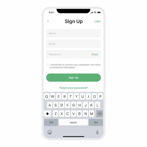 Pantalla de registro de aplicaciones móviles