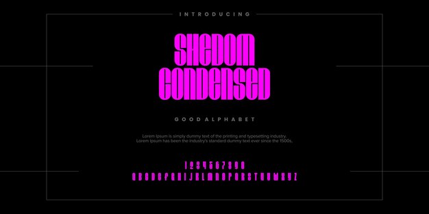 Una pantalla rosa y negra con la palabra 'shedom condensado' en la ilustración de fuente de vector alfabético
