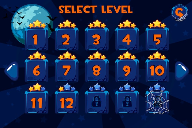 Vector pantalla de selección de nivel. juego de interfaz de usuario en el fondo de halloween