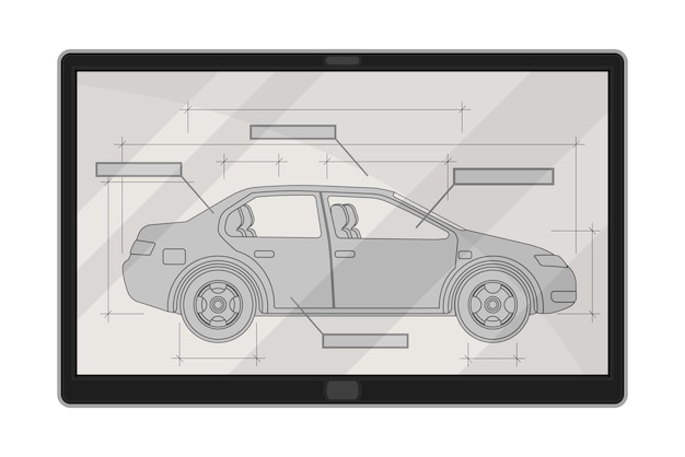 Pantalla de tableta con borrador de diseño de automóvil como ilustración vectorial del proceso de producción automotriz