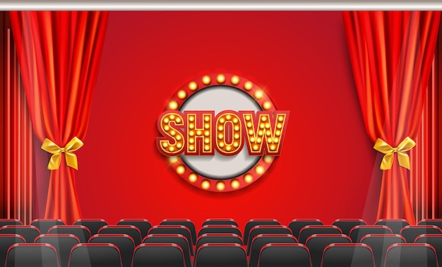 Vector pantalla de teatro con una cortina roja y la palabra show en ella.