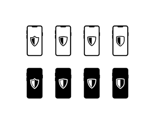 Pantalla de teléfono con escudo conjunto lineal de pantallas de teléfono con íconos de escudo diseño de botón de protección íconos vectoriales