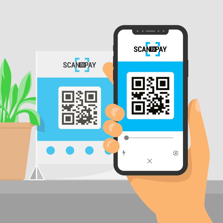 Vector pantalla de teléfono inteligente con aplicación en mano. escaneo de código qr en mesa y pago en línea, transferencia de dinero.