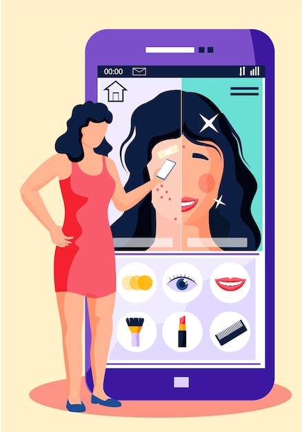 Vector pantalla de teléfono inteligente con aplicación moderna sesión de fotos de retrato femenino antes y después del maquillaje