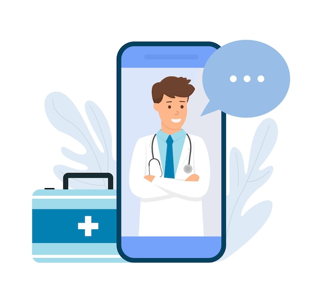 Vector pantalla de teléfono inteligente con médico en línea. asesoramiento médico online. ilustración plana.