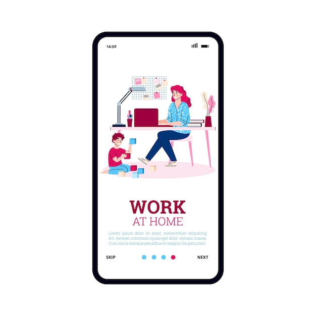 Pantalla de teléfono móvil con madre independiente trabajando en casa una ilustración vectorial