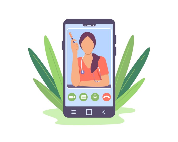 Vector pantalla del teléfono del paciente con un médico hablando a través de un enlace de video consulta médica remota a través de internet servicios y aplicaciones de atención médica modernos reunión por videollamada con terapeutas vector