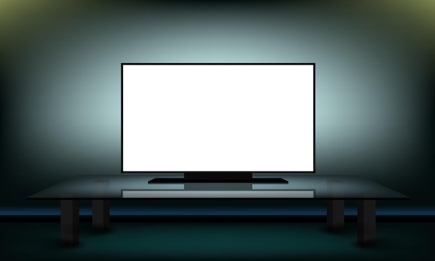 Vector pantalla de televisión blanca en la oscuridad en una habitación sobre una mesa de vidrio