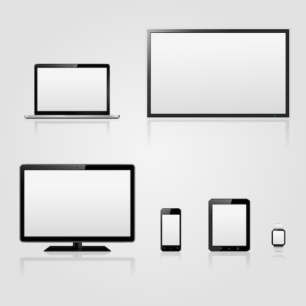 Pantalla de tv monitor de computadora portátil tableta reloj inteligente y teléfono móvil con pantalla en blanco