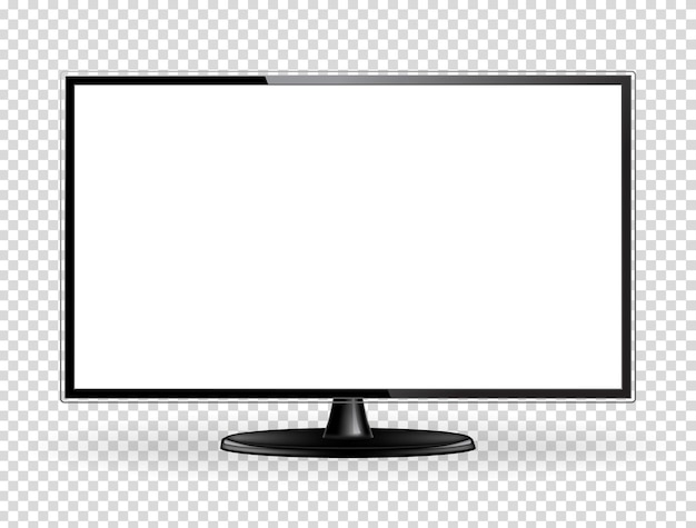 Pantalla de TV plana realista. Panel de pared lcd moderno, tipo led, aislado sobre fondo blanco. Maqueta de pantalla de monitor de computadora grande. Plantilla de televisión en blanco. Elemento de diseño gráfico. Ilustración vectorial