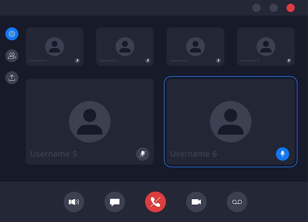 Pantalla de videollamada Interfaz de usuario de la aplicación de videoconferencia y reunión web para chatear con botones y superposición de pantalla de usuario Diseño vectorial