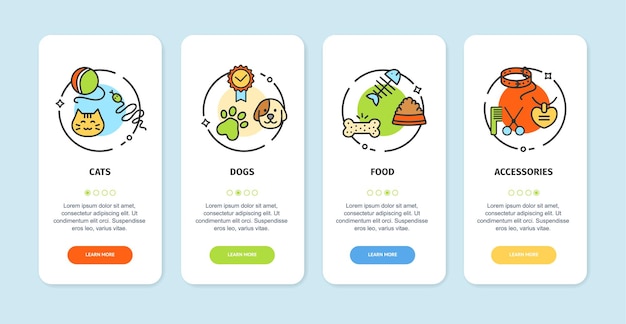 Las pantallas de la aplicación de la tienda de mascotas establecen el vector de las tarjetas