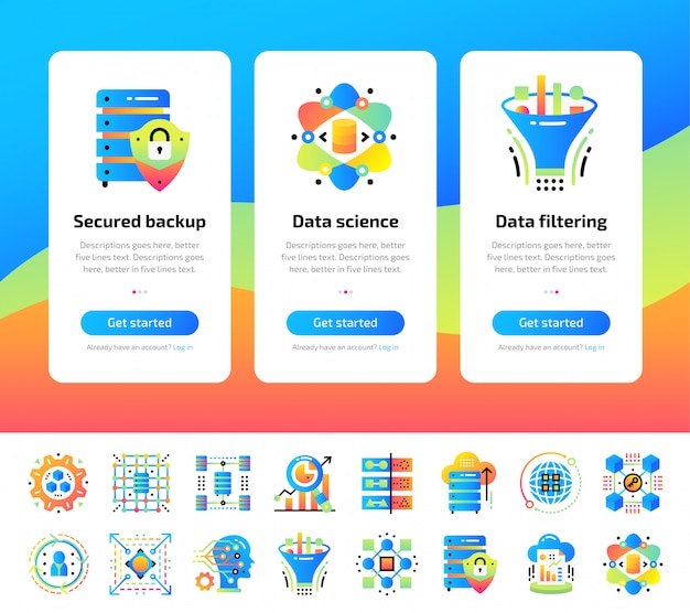 Vector pantallas de aplicaciones incorporadas de tecnología de ciencia de datos y conjunto de ilustraciones de procesos de aprendizaje automático.