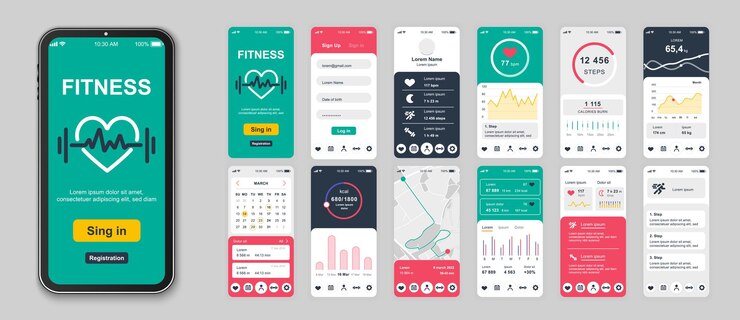 Pantallas de aplicaciones móviles de fitness configuradas para plantillas web Paquete de entrenamientos de ejercicio de inicio de sesión datos en ejecución seguimiento de calorías control de otras maquetas UI UX GUI kit de interfaz de usuario para diseños Diseño vectorial