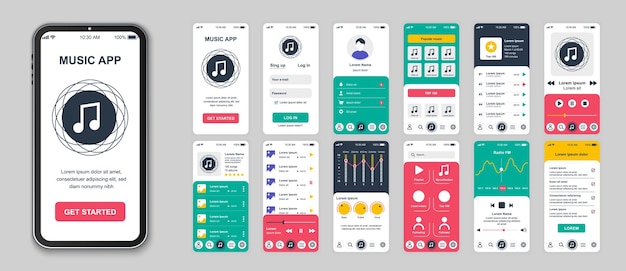 Vector pantallas de aplicaciones móviles de música configuradas para plantillas web paquete de canciones de inicio de sesión lista de reproducción reproductor de audio configuración del ecualizador transmisión y otras maquetas ui ux gui kit de interfaz de usuario para diseños diseño vectorial