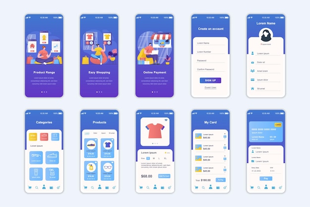 Pantallas de concepto de compras configuradas para la plantilla de aplicación móvil ui ux gui kit de interfaz de usuario