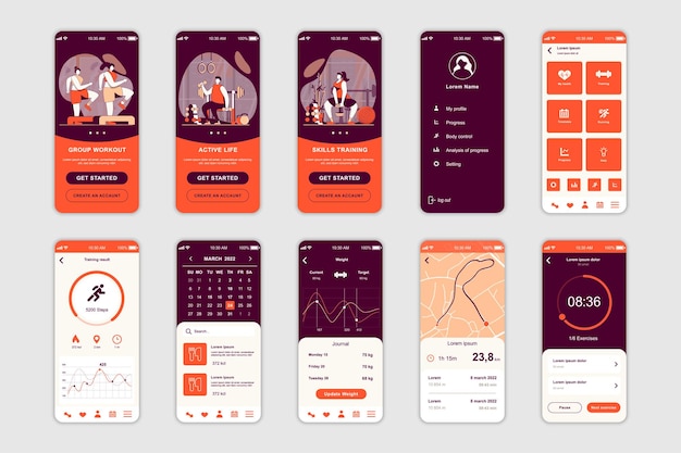 Vector pantallas de concepto de fitness configuradas para la plantilla de aplicación móvil ui ux gui kit de interfaz de usuario