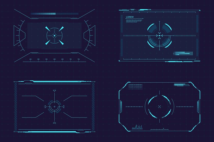 Vector pantallas de destino de hud apuntando a la pantalla de enfoque monitor de ciencia ficción retícula en casco ojo pantalla cuadrada objetivo enfoque interfaz futurista ejército drone juego ui ilustración vectorial de pantalla hud digital