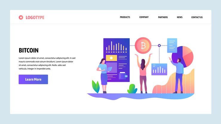 Vector pantallas de incorporación al sitio web tecnología blockchain y moneda criptográfica bitcoin plantilla de banner vectorial de menú para el desarrollo de sitios web y aplicaciones móviles diseño moderno ilustración plana de arte lineal