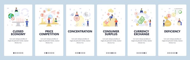 Pantallas de incorporación de aplicaciones móviles Balanzo económico deuda empresarial cambio de divisas Menú plantilla de banner vectorial para sitio web y desarrollo móvil Diseño de sitio web ilustración plana